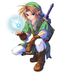  1boy 1girl artist_name blonde_hair blue_eyes boots brown_boots brown_gloves closed_mouth commentary fairy fingerless_gloves full_body gloves green_hat green_tunic hat highres leggings link long_sleeves male_focus navi phrygian_cap pointy_ears roozaku sheath sheathed shield shield_on_back shirt shoulder_belt simple_background spiky_hair squatting sword sword_on_back the_legend_of_zelda the_legend_of_zelda:_ocarina_of_time tunic weapon weapon_on_back white_background white_leggings white_shirt 