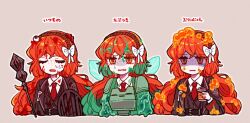 1girl blood blood_on_clothes blood_on_face bow can closed_eyes eyeball fairy_wings freckles hair_bow holding holding_can ishmael_(project_moon) limbus_company lobotomy_corporation_(identity)_(project_moon) long_hair mace multiple_views necktie orange_eyes orange_hair parted_lips partially_shaded_face project_moon red_necktie shield shirt sigh simple_background slime_(substance) upper_body weapon wings yono_neie 