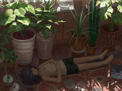  1girl an_yb barefoot black_hair black_shorts camisole cd cd_case cd_player closed_eyes closed_mouth commentary earphones highres indoors leaf listening_to_music lying on_back on_floor original own_hands_together plant potted_plant rug shade short_hair shorts solo untranslatable_commentary white_camisole 