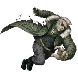  1boy beard black_boots boots clenched_teeth coat explosive facial_hair full_body fur-trimmed_coat fur_trim green_coat grenade grey_pants holding holding_grenade looking_at_viewer male_focus official_art pants saigo_roku short_hair solo sunglasses teeth transparent_background tribe_nine white_hair 
