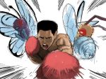  1boy artist_request beedrill black_hair boxing_gloves butterfree muhammad_ali open_mouth pokemon real_life short_hair source_request sweat tongue 