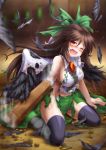  1girl ;o arm_cannon arm_support black_legwear black_wings blurry blush boroe bow breasts brown_hair cape depth_of_field feathered_wings feathers full_body green_bow green_skirt ground hair_bow highres kneeling large_breasts long_hair looking_at_viewer monopollyan nose_blush one_eye_closed open_mouth panties red_eyes reiuji_utsuho ribbon rock shirt sideboob skirt smoke solo tears thigh-highs thighs third_eye torn_clothes torn_shirt torn_skirt touhou underwear weapon white_shirt wings 