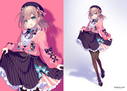  1girl aqua_bow aqua_nails beret black_bow blue_gem blush bow bowtie breasts brown_hair brown_pantyhose cardigan center_frills character_name collared_shirt commentary_request fingernails frilled_shirt frills full_body gem green_eyes hair_ornament hairclip hat hat_bow hat_pin heart_pin heart_ring jewelry large_breasts layered_skirt long_sleeves looking_at_viewer medium_hair nail_polish nijisanji open_mouth pantyhose pink_background pink_bow pink_bowtie pink_cardigan pink_nails pink_skirt purple_bow purple_bowtie purple_hat purple_shoes purple_skirt rabbit_pin ring saine shirt shoes skirt skirt_hold smile star_pin striped_bow striped_bowtie striped_clothes striped_pantyhose striped_skirt suzuhara_lulu suzuhara_lulu_(1st_costume) two-tone_bow two-tone_bowtie vertical-striped_clothes vertical-striped_pantyhose vertical-striped_skirt virtual_youtuber white_background white_bow white_shirt 