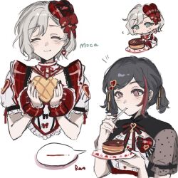  2girls aoba_moca bang_dream! bang_dream!_girls_band_party! black_hair black_nails black_ribbon blue_eyes bow bread cake cake_slice character_name chibi closed_eyes closed_mouth collar collarbone commentary_request crreamer earrings eating food frilled_collar frills grey_hair hair_ornament hair_ribbon happy_valentine hat heart-shaped_hat highres holding holding_bread holding_plate jewelry light_blush melon_bread mitake_ran multicolored_hair multiple_girls nail_polish pink_eyes plate puffy_short_sleeves puffy_sleeves red_bow red_nails red_streaks ribbon see-through_clothes see-through_sleeves shirt shirt_ribbon short_hair short_sleeves short_twintails single_earring sleeve_bow streaked_hair sweatdrop twintails utensil utensil_in_mouth valentine white_background white_nails white_shirt white_sleeves yuri 