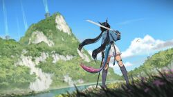  1girl arknights arknights:_endfield black_gloves black_hair black_thighhighs blue_gloves blue_horns blue_jacket blue_sky blue_tail chen_qianyu_(arknights) clouds dragon_girl dragon_horns dragon_tail dutch_angle eastern_dragon_horns eastern_dragon_tail facing_away full_body gloves grass highres holding holding_sword holding_weapon horns jacket kan_liu_(666k) long_hair long_sleeves mountain outdoors scenery skirt sky smoke solo standing strap sword tail thigh-highs twintails water weapon 