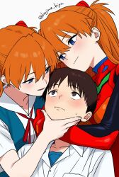  1boy 2girls blue_eyes blush bodysuit breasts brown_eyes brown_hair commentary grabbing_another's_chin hand_on_another's_chin hug ikari_shinji kiya_hajime long_hair mecha_pilot_suit medium_breasts multiple_girls neon_genesis_evangelion orange_hair plugsuit_(evangelion) red_bodysuit school_uniform shirt souryuu_asuka_langley tokyo-3_middle_school_uniform untranslatable_commentary upper_body white_background white_shirt 