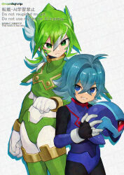  2boys armor blue_armor blue_eyes blue_helmet commentary_request cowboy_shot green_armor green_eyes green_hair helmet highres holding holding_unworn_helmet male_focus mega_man_(series) mega_man_zero_(series) missing_headwear multicolored_hair multiple_boys sage_harpuia_(mega_man) short_hair streaked_hair two-tone_hair unworn_headwear unworn_helmet white_hair x_(mega_man) yamanashi_taiki 