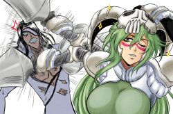  1boy 1girl afterimage anger_vein armor black_hair blank_eyes bleach breasts brown_eyes clenched_teeth commentary english_commentary eyepatch facial_mark fake_horns gauntlets green_hair hand_on_headwear helmet highres holding holding_polearm holding_weapon horned_helmet horns imavizard jujutsu_kaisen large_breasts long_hair meme motion_lines naoya_hitting_choso_without_looking_(meme) nelliel_tu_odelschwanck nnoitra_gilga one_eye_closed parted_lips plunging_neckline polearm resurreccion scar scar_on_face shirt shoulder_armor skull sparkle teeth torn_clothes torn_shirt weapon white_shirt 