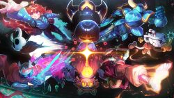  1girl 3boys 4others :| =_= absurdres ahoge androgynous animal_hat armor backpack bag bandaged_arm bandaged_leg bandages barefoot black_eyes black_hair black_pants black_shoes blue_armor blue_jacket blue_shirt brown_coat brown_hat brown_shoes cape cat_hat celeste_(game) charlotte_(indie_cross) closed_mouth coat colored_sclera colored_skin commentary crossover cuphead cuphead_(game) dead_cells down_jacket drinking_straw english_commentary fake_horns frisk_(undertale) frying_pan full_armor gloves grey_cloak grey_helmet hat helmet highres hiking_backpack holding holding_bulb holding_frying_pan holding_shovel holding_sword holding_weapon hollow_knight horned_helmet horns hyper_light_drifter ikram indie_cross jacket knight_(hollow_knight) light_bulb long_hair long_sleeves looking_at_viewer madeline_(celeste) medium_hair multiple_boys multiple_crossover multiple_others nail_(hollow_knight) niko_(oneshot) old_nail_(hollow_knight) oneshot_(game) orange_hair pants parted_lips pink_eyes purple_hair purple_scarf reaching red_cape save_point scarf shirt shoes shovel shovel_knight shovel_knight_(character) sleeves_past_fingers sleeves_past_wrists smile striped_clothes striped_shirt sword the_beheaded the_drifter undertale utdr_(toby_fox) weapon yellow_gloves yellow_sclera yellow_skin zipper_pull_tab 