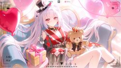  1girl absurdres balloon battery_indicator black_hat box chinese_commentary commentary_request couch diamond_(shape) diamond_facial_mark facial_mark gift gift_box hat heart heart_balloon heart_facial_mark highres honkai:_star_rail honkai_(series) long_hair looking_at_viewer mark_under_both_eyes mini_hat mini_top_hat on_couch red_eyes shangguan_wanyu sitting solo sparkle_(honkai:_star_rail) sparxie_(honkai:_star_rail) stuffed_animal stuffed_toy taking_picture teddy_bear top_hat twintails very_long_hair viewfinder white_hair wi-fi_symbol 