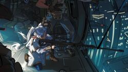  1girl 3boys aircraft anti-materiel_rifle black_gloves call_of_duty call_of_duty:_modern_warfare_2 capelet cropped dress earrings elf frieren ghost_(modern_warfare_2) gloves green_eyes gun handgun helicopter highres holding holding_gun holding_weapon jewelry long_hair long_sleeves mask multiple_boys one_eye_closed parted_bangs pointy_ears raikoart rifle skull_mask sniper_rifle soap_(modern_warfare_2) solo_focus sousou_no_frieren third-party_source twintails weapon white_capelet white_hair 