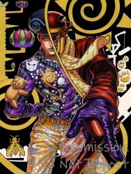  1boy 1other afro alternate_costume arm_behind_back belt belt_buckle black_hair bowler_hat brown_coat brown_eyes brown_hat buckle bug cane character_print coat commentary_request dododo_de_dadada english_commentary gloves green_lips hat hexagon_print highres holding holding_cane jojo_no_kimyou_na_bouken jojo_pose jojolion leather leather_gloves locacaca long_sleeves looking_at_viewer male_focus marker_(medium) maya_panda obladi_oblada orange_belt pants purple_gloves purple_shirt purple_vest scarf shirt solo split_theme stand_(jojo) stuffed_animal stuffed_toy sun_print teddy_bear teddy_bear_ornament toru_(jojolion) traditional_media vest wasp wonder_of_u yellow_pants yellow_scarf 