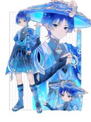  1boy armor arms_at_sides belt black_belt black_bodysuit black_bow black_bridal_gauntlets black_sandals black_shorts blue_eyes blue_gem blue_hair blue_hat blue_kimono blunt_ends bodysuit border bow bridal_gauntlets cape choppy_bangs closed_mouth clothing_cutout feathers full_body gem genshin_impact gold gold_ring grey_leg_warmers grid_background hand_on_own_hip hand_up hashtag-only_commentary hat highres hip_vent japanese_armor japanese_clothes jingasa juban kimono kote kurokote layered_sleeves leg_warmers looking_at_viewer looking_to_the_side male_focus mandarin_collar maru00163 middle_ring multiple_views open_clothes open_hand open_kimono open_mouth pom_pom_(clothes) purple_rope purple_sash purple_sleeves rope sandals sash scaramouche_(genshin_impact) short_sleeves shorts side_cape solo split_mouth standing stirrup_legwear sweatdrop toeless_legwear toes tsurime vision_(genshin_impact) wanderer_(genshin_impact) white_background white_border white_cape white_kimono white_sleeves yellow_feathers zouri 