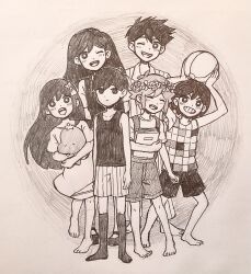  2girls 4boys :d :| ;d ^_^ antenna_hair arm_at_side armpits arms_at_sides arms_up aubrey_(headspace)_(omori) aubrey_(omori) ball bare_arms bare_legs bare_shoulders barefoot basil_(headspace)_(omori) basil_(omori) beachball book bra_strap bright_pupils brother_and_sister brothers carrying_overhead checkered_clothes checkered_shirt child closed_eyes closed_mouth collared_shirt commentary_request double-parted_bangs empty_eyes expressionless flipped_hair flower flower_wreath full_body grid_teeth grin hair_behind_ear hair_between_eyes hatching_(texture) head_wreath hero_(headspace)_(omori) hero_(omori) highres holding holding_ball holding_beachball holding_book holding_knife holding_stuffed_toy kel_(headspace)_(omori) kel_(omori) kneehighs knife light_blush long_hair looking_at_viewer mari_(headspace)_(omori) mari_(omori) mr._plantegg_(omori) multiple_boys multiple_girls no_pupils no_shoes omocat_(style) omori omori_(omori) one_eye_closed open_mouth overall_shorts overalls pinstripe_pattern pinstripe_shirt pinstripe_shorts pofudonn_art rose sepia shirt short_hair short_sleeves shorts siblings sidelocks sleeveless sleeveless_shirt smile socks standing standing_on_one_leg straight_hair stuffed_eggplant stuffed_toy t-shirt tank_top tareme teeth toes tongue upper_teeth_only v-shaped_eyebrows very_long_hair very_short_hair 