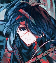  1boy black_eyes black_hair black_hanfu black_shirt blood blood_on_face chinese_clothes closed_mouth hanfu hashtag-only_commentary hong_lu_(project_moon) hongyuan_(identity)_(project_moon) lawrika limbus_company long_hair portrait project_moon red_bandage shirt solo undershirt very_long_hair 