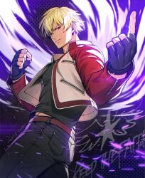  1boy belt black_gloves black_pants black_shirt blonde_hair brown_belt closed_mouth collared_jacket commentary dutch_angle english_text fatal_fury fingerless_gloves garou:_mark_of_the_wolves gloves index_finger_raised jacket kuren long_sleeves looking_to_the_side male_focus multicolored_jacket open_clothes open_jacket pants popped_collar red_eyes rock_howard shirt short_hair sideways_glance smile solo two-tone_jacket untranslatable_commentary zipper 