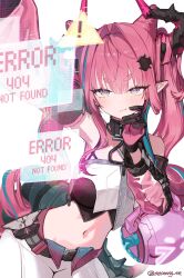  1girl absurdres arknights arknights:_endfield belt black_choker black_horns blue_streaks breasts choker commentary_request crop_top detached_sleeves dragon_girl dragon_horns dragon_tail drill_hair english_text gloves hair_around_horn hair_intakes hand_on_own_chin highres hologram holographic_interface horns large_breasts long_hair looking_up multicolored_eyes multicolored_gloves multicolored_hair multicolored_horns navel outstretched_arm pants pink_gloves pink_hair pink_horns pink_sleeves pointy_ears robot seorang sign simple_background stomach streaked_hair tail thick_eyebrows twin_drills two-sided_gloves two-tone_eyes two-tone_gloves two-tone_horns warning_sign white_background white_pants yvonne_(arknights) 