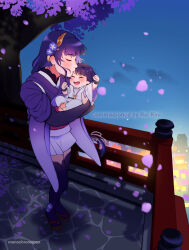  1boy 1girl absurdres alternate_costume alternate_universe arms_up artist_name baby blue_sky blurry blurry_background blush bridal_gauntlets carrying cherry_blossoms clenched_hands closed_eyes commission commissioner_name creator_and_creation english_commentary eyeliner falling_petals from_above from_side full_body genshin_impact hair_ornament happy highres imminent_kiss japanese_clothes kimono kiss kissing_forehead makeup monochromepen mother_and_child mother_and_son night open_mouth outdoors petals purple_hair purple_kimono raiden_shogun red_eyeliner scaramouche_(genshin_impact) scaramouche_(kabukimono)_(genshin_impact) shade shadow sky smile standing thigh-highs tree 