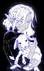  1boy androgynous baby_animal black_shirt blue_lineart braid chinese_commentary closed_mouth commentary_request crown_braid dungeon_meshi elf highres holding_sheep lamb looking_at_viewer male_focus medium_hair mithrun pointy_ears sheep shirt solo turtleneck upper_body white_eyes zijunqvq 