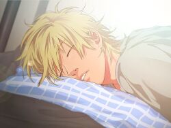  1boy blonde_hair blurry choppy_bangs closed_eyes commentary_request dark-skinned_male dark_skin depth_of_field grey_shirt indoors lens_flare lying male_focus medium_hair meguri_shun messy_hair mullet official_art ogeretsu_tanaka on_stomach oretachi_majikou_destroy parted_bangs piercing_hole pillow portrait shirt sleeping solo 