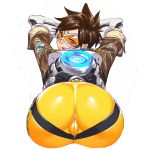  1girl ass gloves huge_ass looking_back mousepad overwatch short_hair simple_background solo tracer_(overwatch) visor white_background 