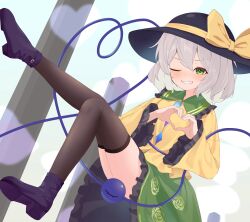  1girl absurdres black_hat blush boots bow brown_thighhighs buttons chinese_commentary collared_shirt commentary_request diamond_button eyeball floral_print frilled_shirt_collar frilled_skirt frilled_sleeves frills green_eyes green_skirt grey_hair grin hat hat_bow heart heart_hands heart_of_string highres komeiji_koishi long_sleeves looking_at_viewer medium_hair onbashira one_eye_closed print_skirt purple_boots rose_print shirt skirt smile solo thigh-highs third_eye touhou wide_sleeves wrainman yellow_bow yellow_shirt 