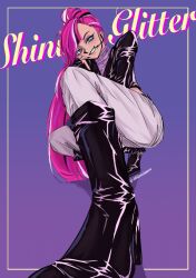  1girl boots commentary cookie_run cookie_run:_ovenbreak cropped_jacket eyebrow_cut eyelashes eyeshadow glitter glitter_makeup hand_on_own_face headset long_hair makeup multicolored_hair pants pink_hair shining_glitter_cookie smile untranslatable_commentary user_jpkr3484 