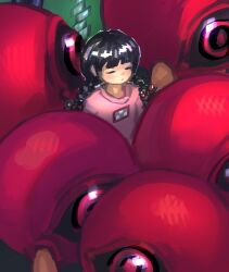  1girl black_sclera braid braided_twintails character_request closed_eyes closed_mouth colored_sclera commentary english_commentary eyeball highres in-universe_location low_twintails madotsuki meltted pink_sweater print_sweater purple_skirt red_eyes red_shoes shoes skirt standing sweater twintails wide-eyed yume_nikki 