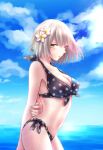  1girl bare_shoulders beach bikini black_bikini blonde_hair blush breasts brown_eyes cleavage fate/grand_order fate_(series) hair_ornament jeanne_alter large_breasts looking_at_viewer ocean polka_dot polka_dot_bikini ruler_(fate/apocrypha) short_hair silver_hair solo standing sushimaro swimsuit twitter_username yellow_eyes 