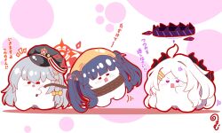  :d ahoge anger_vein black_hat blue_archive blue_hair braid closed_eyes colored_shadow commentary_request fuuka_(blue_archive) grey_hair hair_between_eyes hair_ornament hairclip halo haruna_(blue_archive) hat headscarf highres hina_(blue_archive) horns kidnapping kurukurumagical long_hair motion_lines notice_lines outline parted_bangs peaked_cap red_outline rope running shadow single_hair_intake smile tilted_headwear translation_request very_long_hair violet_eyes white_background 