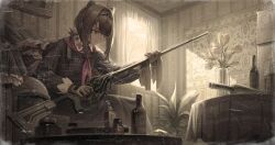  absinthe_(arknights) absinthe_(noon_twilight)_(arknights) animal_ears arknights bare_tree bear_ears black_dress bottle brown_hair cleaning cleaning_weapon commentary dress ely_(elylyyyyyy) english_commentary flower frown full_body gun highres holding holding_gun holding_rag holding_weapon indoors long_sleeves looking_down neckerchief plant red_eyes red_neckerchief refrigerator rifle sepia short_hair sidelocks table tablecloth tree tulip wallpaper_(object) weapon window 