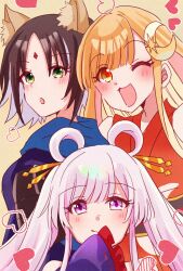  3girls animal_ears bare_shoulders black_hair blonde_hair blue_hair blue_hoodie blush cho_kaguya-hime! colored_inner_hair commentary crescent crescent_hair_ornament forehead_jewel fox_ears green_eyes hair_ornament hair_rings hair_stick hand_to_own_mouth heart highres hood hoodie kaguya_(cho_kaguya-hime!) long_hair looking_at_viewer lop_rabbit_ears multicolored_hair multiple_girls open_mouth rabbit_ears red_eyes runami_yachiyo sakayori_iroha shiraru1117 short_hair sleeves_past_fingers sleeves_past_wrists smile twintails two-tone_hair upper_body violet_eyes white_hair yellow_background 