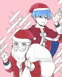  1boy beard blue_eyes blue_hair cape christmas facial_hair full_beard hat himmel_(sousou_no_frieren) long_beard mole mole_under_eye old pink_background red_cape santa_costume santa_hat semisemimin sousou_no_frieren 