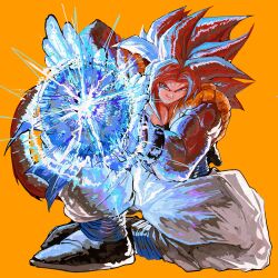  1boy absurdres biceps blue_eyes blue_sash body_fur brown_hair closed_mouth commentary dragon_ball dragon_ball_gt gogeta highres kamehameha_(dragon_ball) male_focus metamoran_vest no_shirt orange_background pants red_hair sash super_saiyan super_saiyan_4 tail untranslatable_commentary white_pants yuki_flourish 