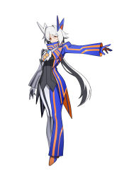  1girl absurdres asymmetrical_gloves black_coat black_gloves black_hair black_pants blue_coat blue_gloves blue_pants blue_shoes closed_mouth coat commentary frown full_body genderswap genderswap_(mtf) gloves goz-zz highres kamen_rider kamen_rider_nox kamen_rider_zeztz_(series) long_hair looking_at_viewer mismatched_gloves multicolored_coat multicolored_hair multicolored_pants multicolored_shoes nox_driver orange_coat orange_eyes orange_gloves orange_pants orange_shoes pants ponytail rider-tan rider_belt shoes shoulder_belt simple_background solo standing striped_clothes striped_pants two-sided_gloves vertical-striped_clothes very_long_hair white_background white_coat white_gloves white_hair white_pants 