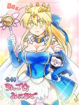  1boy 1girl =3 adapted_costume agravain_(fate/grand_order) ahoge artoria_pendragon_lancer_(fate/grand_order) black_hair blonde_hair blue_clothes blue_legwear blush breasts bridal_gauntlets cape chibi cleavage covered_navel cowboy_shot crown detached_collar elbow_gloves fate/grand_order fate/kaleid_liner_prisma_illya fate_(series) fur_trim gloves green_eyes hair_slicked_back hand_on_hip holding jaku_711 large_breasts long_hair looking_at_viewer magical_girl magical_ruby navel saber showgirl_skirt sleeveless sweatdrop thigh-highs translation_request white_background 