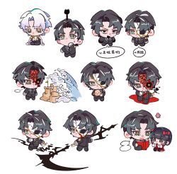  1girl 2boys black_hair black_jacket black_sclera blonde_hair blood bob_cut bow burn_scar chinese_text colored_sclera commentary_request highres holding holding_scythe holding_weapon ink jacket library_of_ruina limbus_company multiple_boys open_mouth project_moon red_bow rien_(project_moon) roland_(project_moon) ryoshu_(project_moon) sand_castle sand_sculpture scar scythe simple_background smile spork translation_request waves weapon white_background white_hair wuruko yellow_eyes 