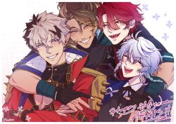  4boys antenna_hair arm_around_shoulder arm_belt belt black_bow black_bowtie black_gloves black_jacket black_shirt blue_hair blush bow bowtie braid brown_belt brown_hair buttons cleavage_cutout closed_eyes clothing_cutout collared_jacket collared_shirt crimzon_ruze crossed_arms dark-skinned_male dark_skin ear_piercing earrings english_text fingerless_gloves four-pointed_star g0mmi gloves goldbullet grin happy happy_anniversary high_collar highres holoarmis holostars holostars_english hug hug_from_behind jacket jewelry jurard_t_rexford long_hair looking_at_another male_focus multicolored_hair multiple_belts multiple_boys multiple_braids octavio one_eye_closed pectoral_cleavage pectorals piercing pointy_ears red_eyes red_hair red_jacket sharp_teeth shirt short_hair shoulder_spikes smile spikes streaked_hair teeth tri_braids two-tone_hair upper_body violet_eyes virtual_youtuber white_background white_shirt 