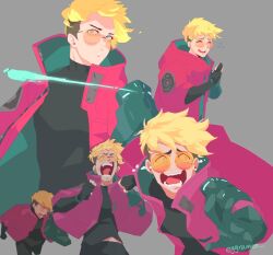  1boy artist_name black_gloves black_pants black_shirt blonde_hair blue_eyes closed_eyes coat crying earrings flying_sweatdrops furrowed_brow gloves grey_background jewelry male_focus midriff_peek mole mole_under_eye multiple_views nervous_smile nervous_sweating open_mouth orange-tinted_eyewear own_hands_together pants parted_lips partially_fingerless_gloves rebekah_jin red_coat round_eyewear shirt short_hair single_earring smile snot solo sunglasses sweat tears tinted_eyewear trigun trigun_stampede turtleneck undercut upper_body vash_the_stampede 