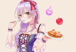 1girl apple braid commentary_request earpiece food fruit glasses green_eyes heaven_burns_red highres holding holding_food holding_plate izumi_yuki_(heaven_burns_red) kurauchi_naya looking_at_viewer plate purple_hair simple_background 