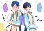  2boys black_hair blue_eyes blue_hair free! glasses hato_yu-ki male_focus multiple_boys nanase_haruka_(free!) ryuugazaki_rei text violet_eyes 