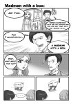  ! 1girl amy_pond bowtie cardboard_box comic crossover doctor_who eleventh_doctor english metal_gear_(series) metal_gear_solid monochrome pajamas 