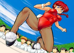  1girl blue_eyes braid breasts bunny_tail bunnysuit fishnet_pantyhose fishnets highres kul_tigin leotard pantyhose ranma-chan ranma_1/2 redhead saotome_ranma shoes single_braid sky solo tail wrist_cuffs 