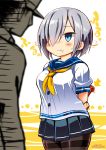  1boy 1girl admiral_(kantai_collection) black_legwear blue_eyes blush commentary_request dated food food_in_mouth food_on_clothes food_on_face hair_over_one_eye hamakaze_(kantai_collection) highres kantai_collection neckerchief pantyhose pleated_skirt richou_(zerozero1101) sailor_collar school_uniform serafuku short_hair silver_hair skirt thighband_pantyhose twitter_username white_background 