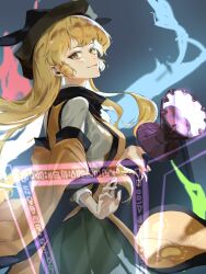  1girl black_hat blonde_hair blue_background breasts brown_eyes closed_mouth colored_inner_hair commentary constellation_print cowboy_shot detached_sleeves drum energy floating_clothes floating_hair from_side green_skirt hair_between_eyes hand_up hat hidden_star_in_four_seasons highres instrument long_hair long_sleeves looking_at_viewer matara_okina medium_breasts multicolored_hair orange_sleeves orange_tabard pleated_skirt shirt sidelocks simple_background skirt smile solo standing suika_(pixiv_26385835) tabard touhou tsuzumi wavy_hair white_hair white_shirt wide_sleeves 