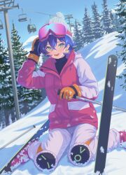  1girl absurdres alternate_costume belle_(zenless_zone_zero) blue_hair commentary crossed_bangs earrings english_commentary gloves goggles goggles_on_head green_eyes hair_between_eyes hat highres holding_ski_pole jacket jewelry looking_at_viewer multicolored_jacket open_mouth orange_gloves outdoors pants pink-tinted_eyewear pink_jacket pom_pom_(clothes) short_hair sitting ski_gear ski_goggles ski_pole skiing skis snow solo sugarism tinted_eyewear turtleneck two-tone_jacket wariza white_hat white_jacket white_pants zenless_zone_zero 