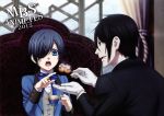  2boys armchair black_hair blue_eyes butler ciel_phantomhive cup earrings eyepatch food gloves indoors jewelry kuroshitsuji male_focus multiple_boys open_mouth red_eyes ring sebastian_michaelis sitting tagme white_gloves 