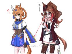  2girls ? animal_ears arrow_(symbol) black_choker black_gloves blue_skirt boogie_february bracelet breasts brown_eyes brown_hair choker clenched_hand closed_mouth commentary_request cropped_jacket cropped_legs ear_covers fedora fingerless_gloves forever_young_(umamusume) furioso_(triumphant_return_of_the_auspicious_star)_(umamusume) furioso_(umamusume) gloves green_eyes hand_on_own_chin hat horse_ears horse_girl horse_tail jacket jewelry long_hair long_sleeves looking_at_another looking_down medium_breasts multicolored_hair multiple_girls necklace open_clothes open_jacket pleated_skirt red-tinted_eyewear red_hair red_hat red_jacket red_thighhighs short_sleeves sidelocks single_ear_cover skirt sound_effects standing streaked_hair stroking_own_chin sunglasses tail thigh-highs tinted_eyewear translation_request umamusume upper_body v-shaped_eyebrows watermark white_jacket white_skirt 