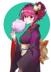  1girl blush breasts cotton_candy eating fate/grand_order fate_(series) hair_ornament highres japanese_clothes kimono looking_at_viewer purple_hair red_eyes scathach_(fate/grand_order) solo warum 