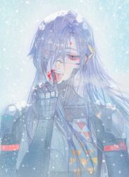  1girl absurdres android blood blood_on_face blood_on_hands blue_eyes blue_hair commentary_request eyeshadow facial_mark falke_(signalis) forehead_mark hair_over_one_eye hand_up highres iculovedom licking licking_blood licking_finger licking_own_finger long_hair makeup pinky_out red_eyeshadow red_pupils signalis skin_seams solo upper_body 